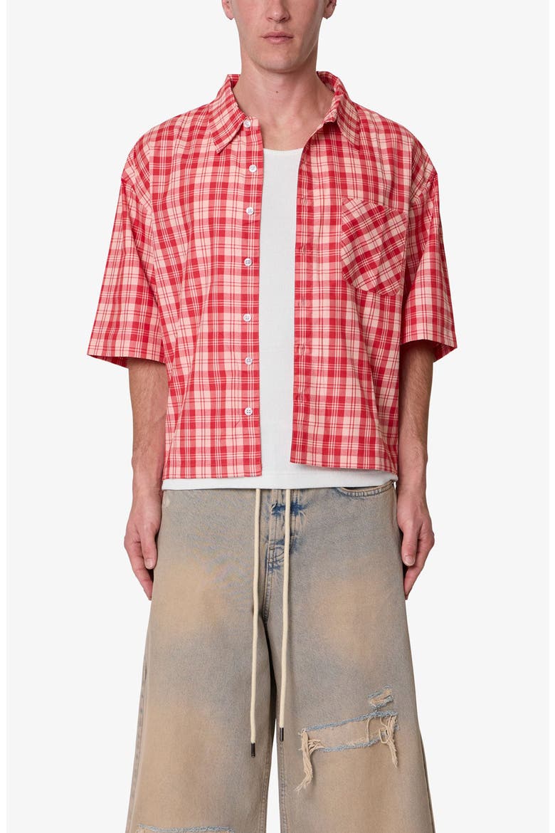 Plaid Crop Short Sleeve Cotton Flannel Button-Up Shirt, Main, color, RED