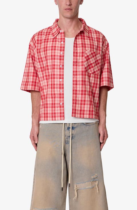 Plaid Crop Short Sleeve Cotton Flannel Button-Up Shirt