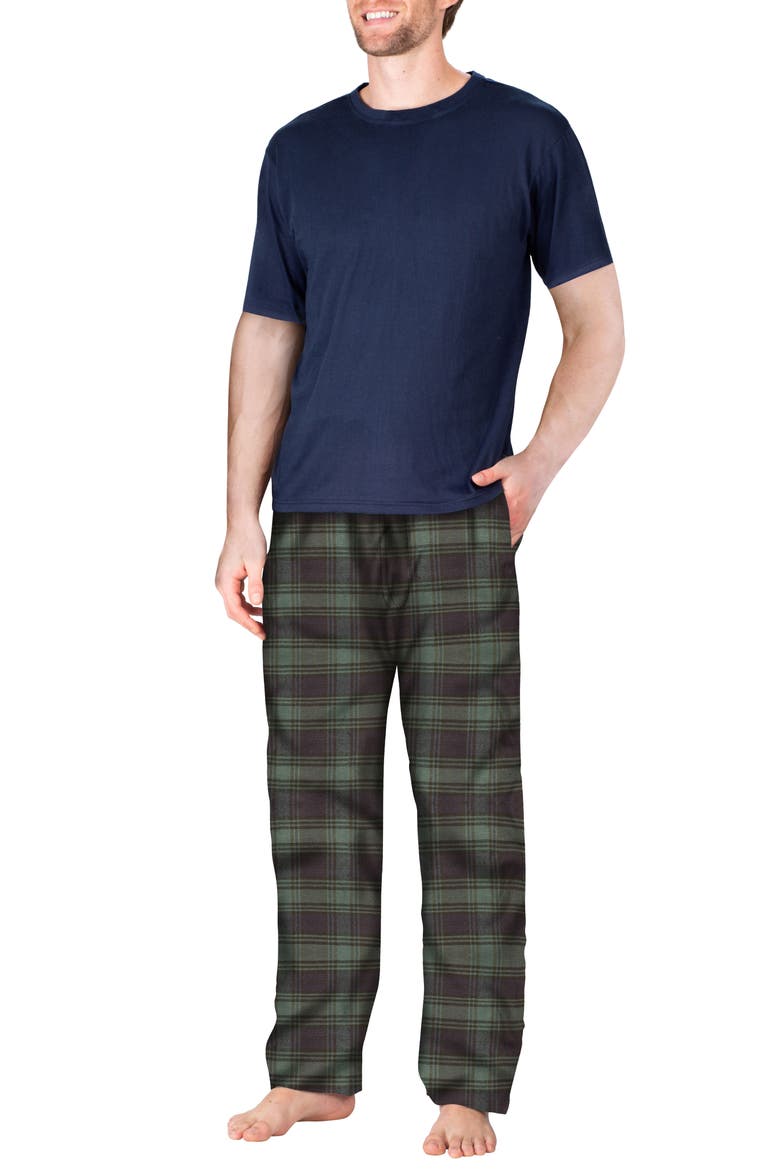 Knit & Flannel Two-Piece Pajamas, Main, color, GREEN NAVY PLAID