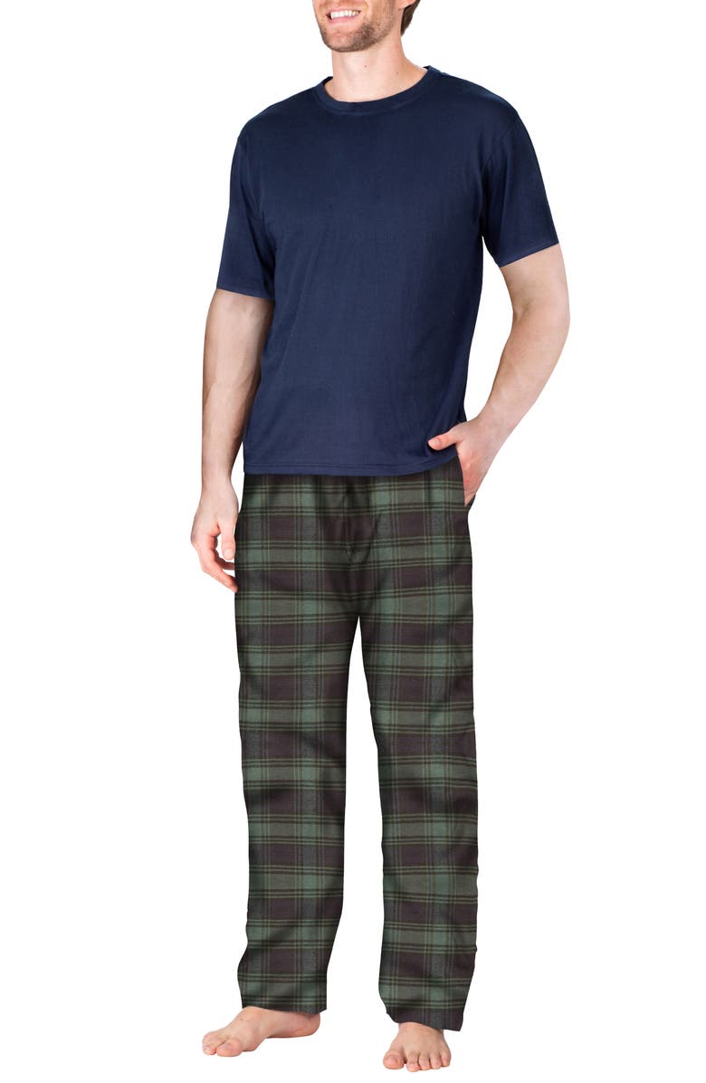 SLEEPHERO Knit & Flannel Two-Piece Pajamas, Main, color, Green Navy Plaid
