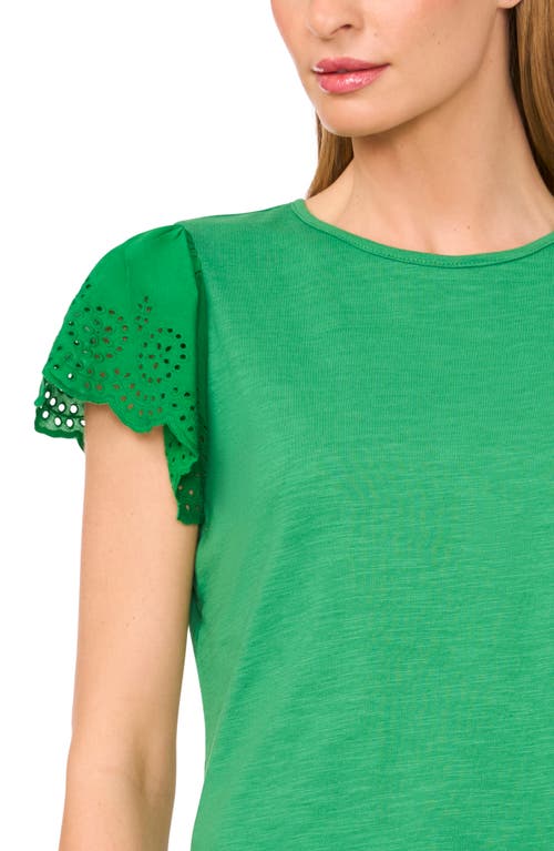 Cece Eyelet Flutter Sleeve T-shirt In Green