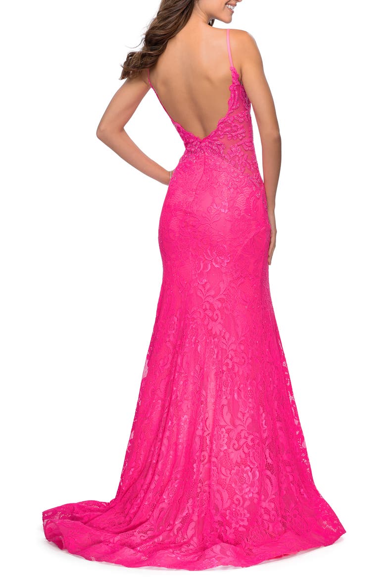 Long Mermaid Lace Dress with Back Rhinestone Detail, Alternate, color, NEON PINK