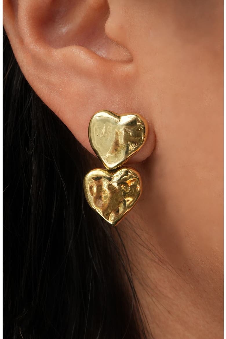 Hammered Double Heart Earrings, Alternate, color, GOLD