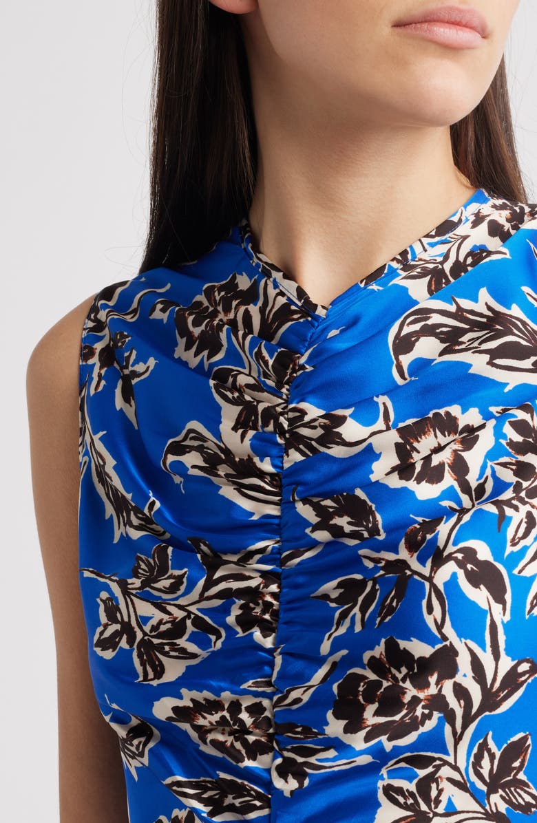 MELLODAY Floral Sleeveless Ruched Satin Midi Dress, Alternate, color, Blue Brown Multi Floral