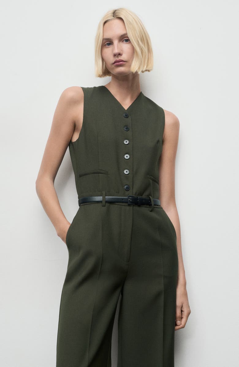 MANGO Belted Sleeveless Jumpsuit, Alternate, color, Khaki Green