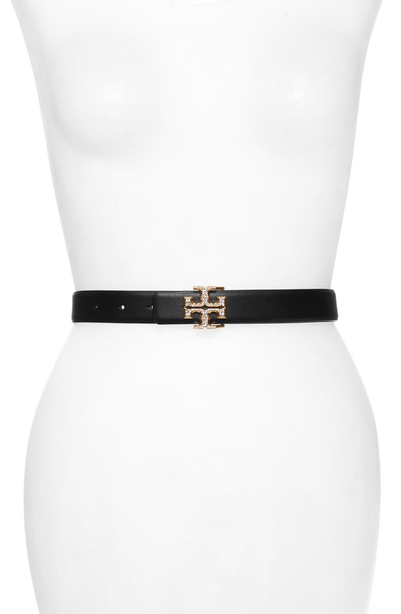 Tory Burch Kira Jeweled Logo Leather Belt, Main, color,
