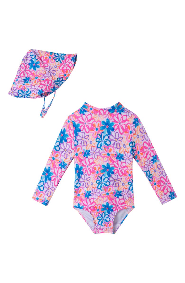 Andy & Evan Print Long Sleeve One-Piece Rashguard Swimsuit & Sun Hat Set, Main, color, Blue