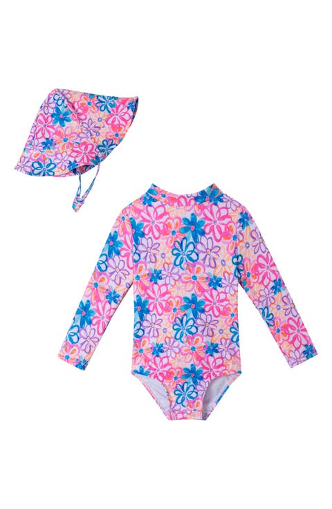 Print Long Sleeve One-Piece Rashguard Swimsuit & Sun Hat Set (Baby)