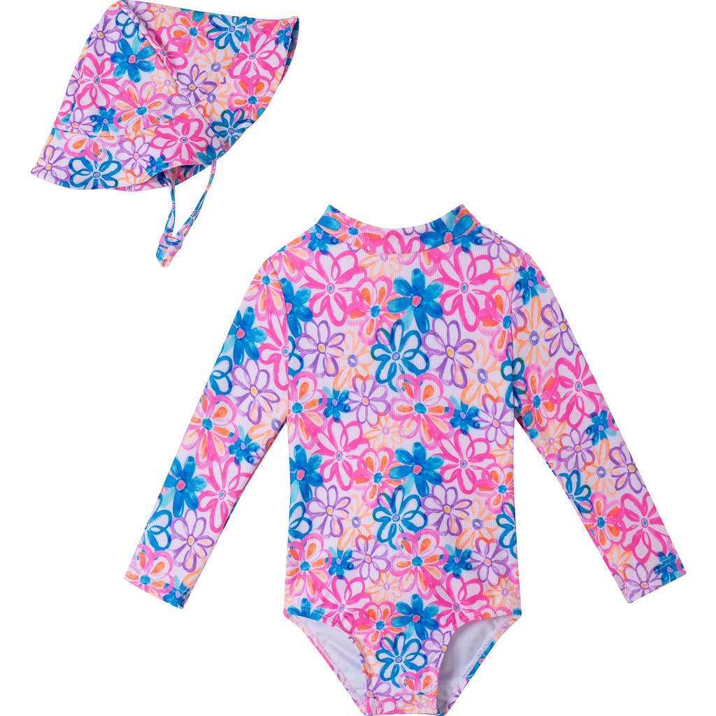 ANDY & EVAN ANDY & EVAN PRINT LONG SLEEVE ONE-PIECE RASHGUARD SWIMSUIT & SUN HAT SET