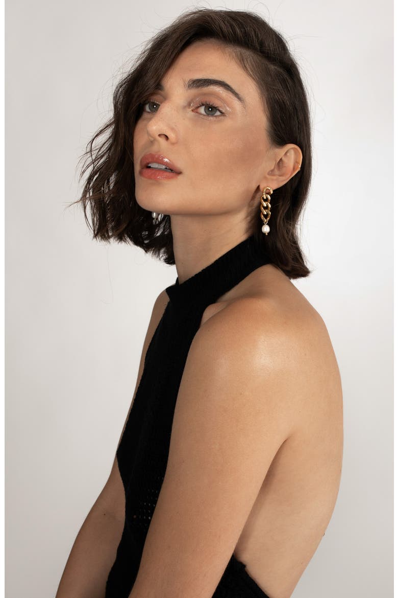 Imitation Pearl Curb Chain Drop Earrings, Alternate, color, WHITE/ GOLD