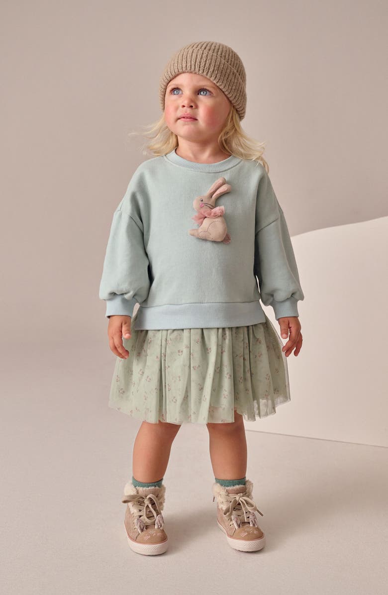 NEXT Kids' Bunny Appliqué Sweatshirt Party Dress, Alternate, color, Green