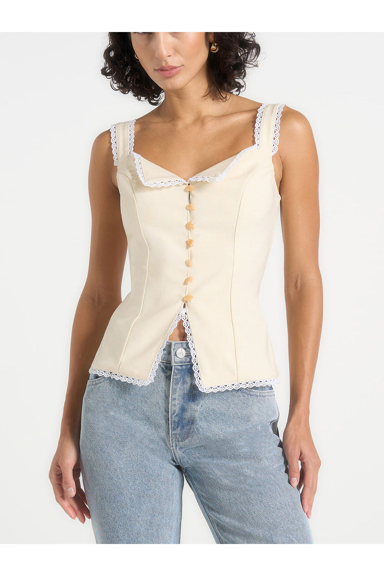 Delia Linen Lace Trim Corset Top, Main, color, Natural