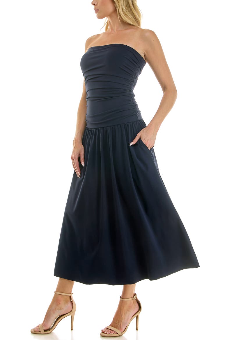 Ruched Bodice Strapless Dress, Alternate, color, NAVY