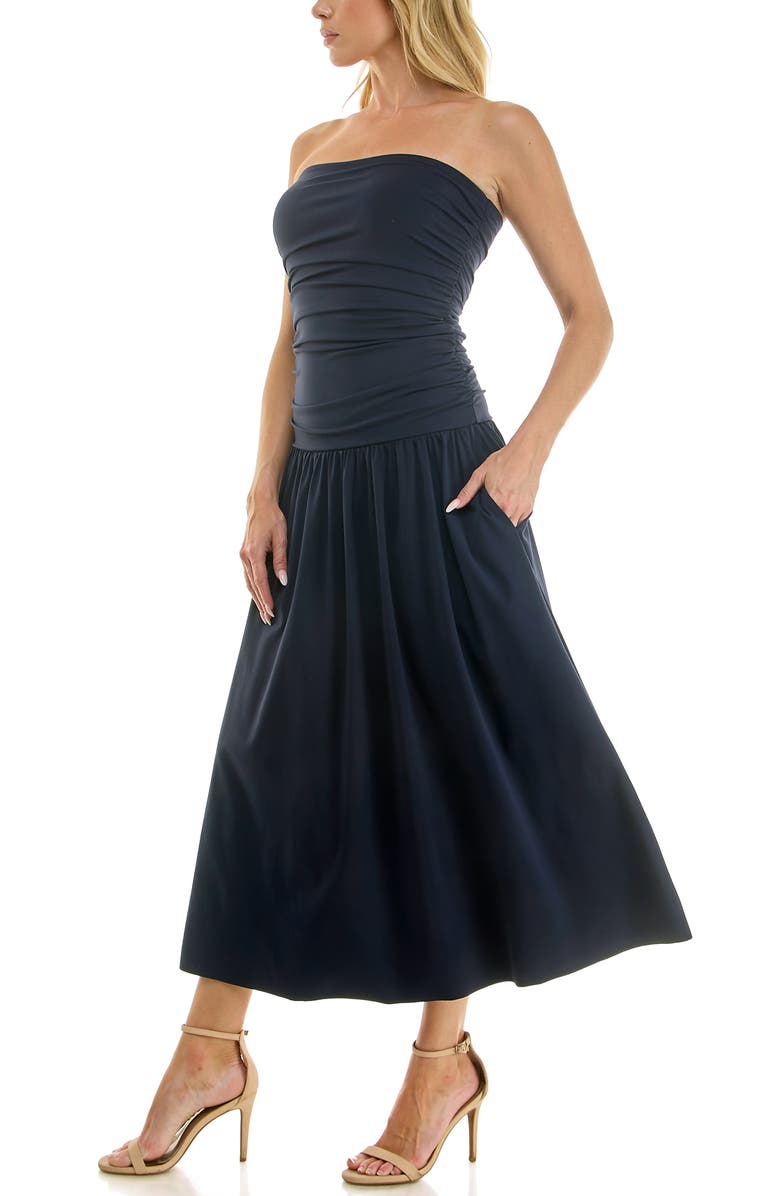 Socialite Ruched Bodice Strapless Dress, Alternate, color, Navy