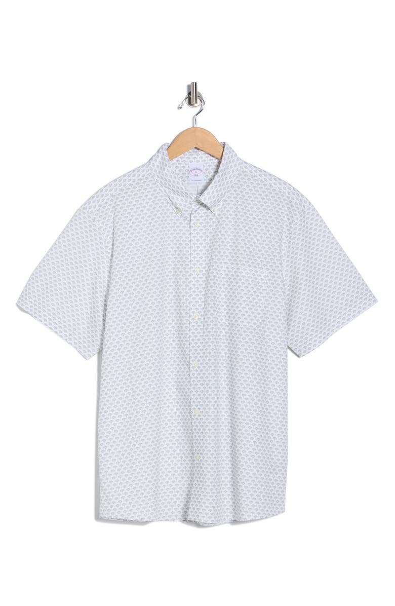 Brooks Brothers Sport Fit Geometric Print Short Sleeve Cotton Button-Down Shirt, Main, color, White Grey