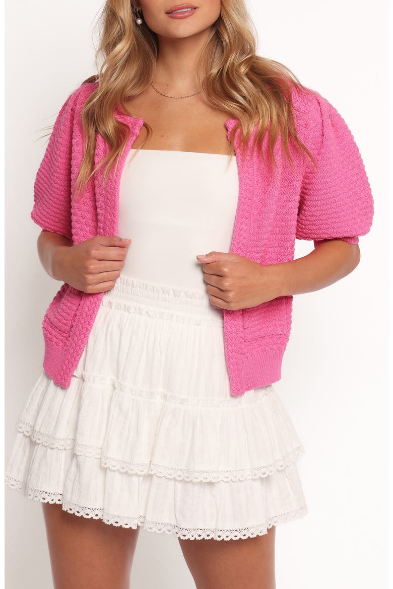 Greer Puffed Elbow Sleeve Cotton Cardigan, Main, color, HOT PINK