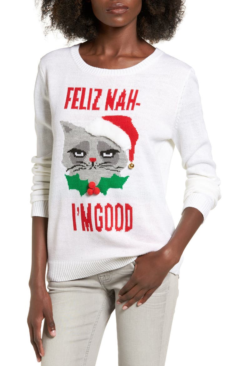 Feliz Nah I'm Good Intarsia Sweater, Main, color, SNOW WHITE