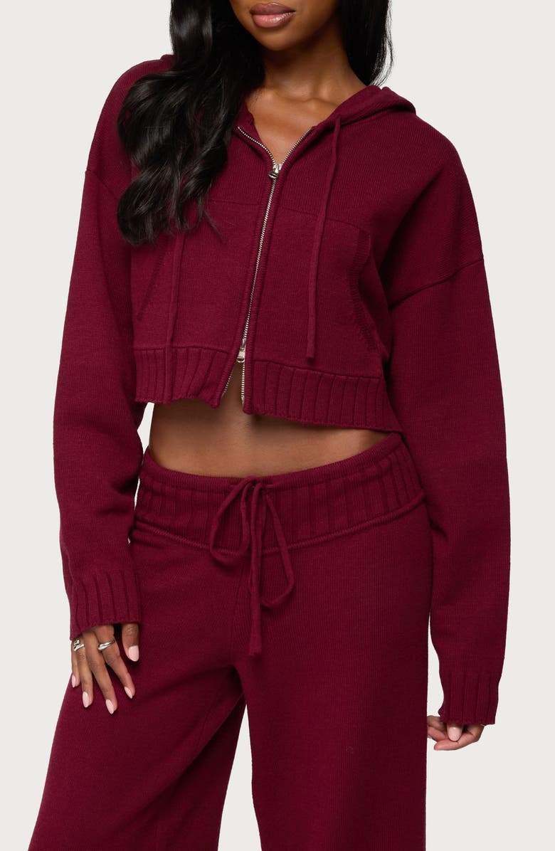 EDIKTED Russell Crop Hooded Zip Sweater, Main, color, Burgundy