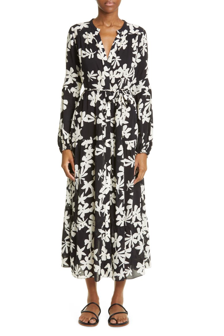 Sea Floral Long Sleeve Shirtdress, Main, color, BLACK