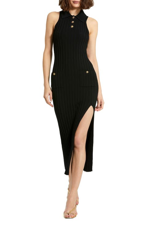Rib Knit Collared Sleeveless Fitted Maxi Dress