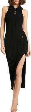 Mac Duggal Rib Knit Collared Sleeveless Fitted Maxi Dress