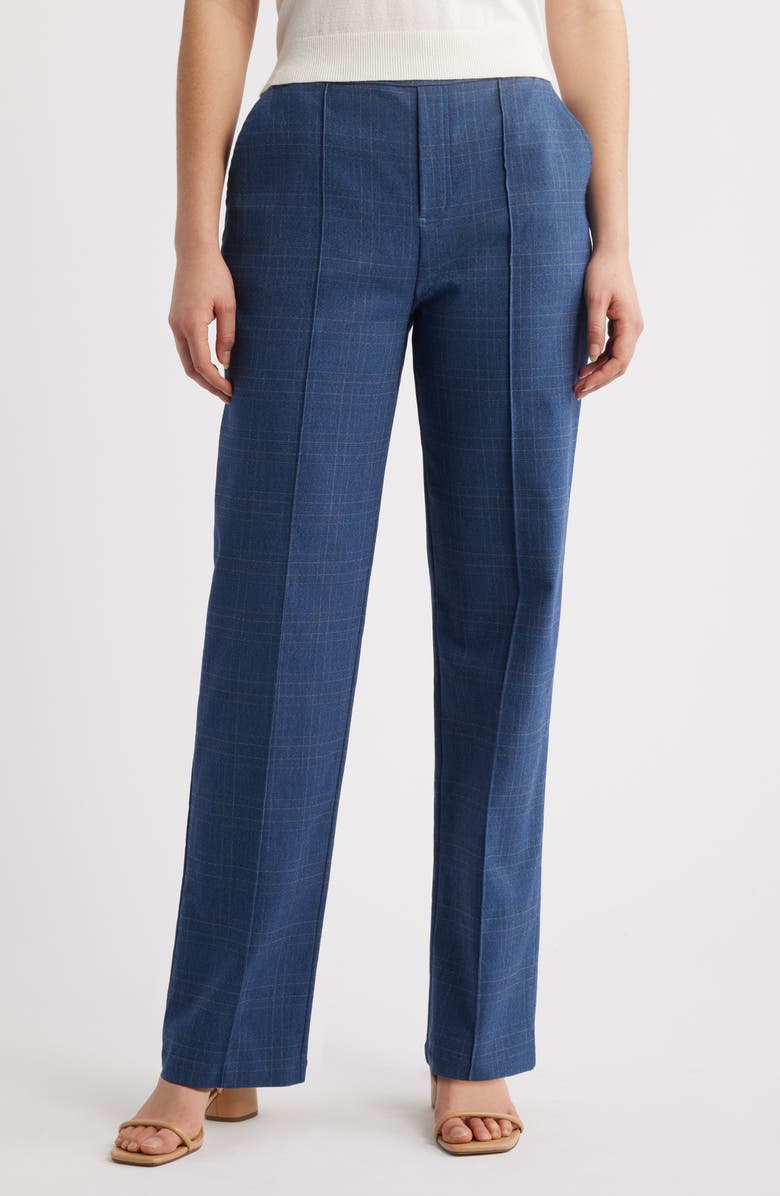 Hue Pintuck Plaid Wide Leg Pull-On Pants, Main, color, Medium Wash