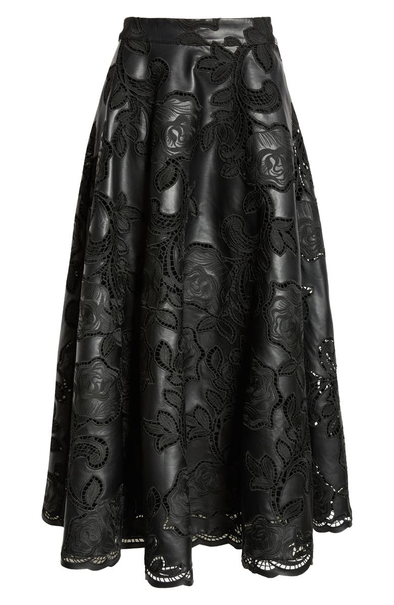 Johanna Ortiz Mesopotamia Embroidered Eyelet Faux Leather Midi Skirt, Alternate, color,