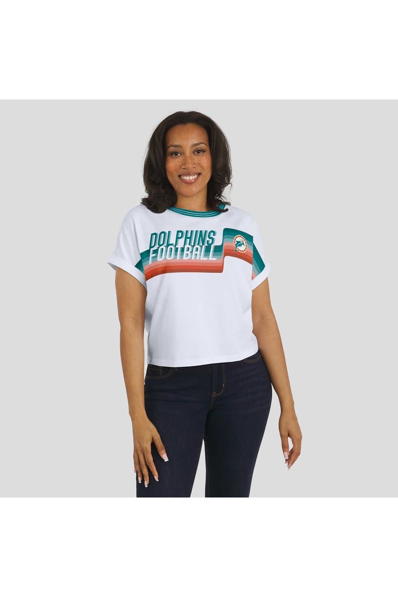 Women's WEAR by Erin Andrews White Miami Dolphins Cropped Center Stripe Dolman T-Shirt, Alternate, color, White