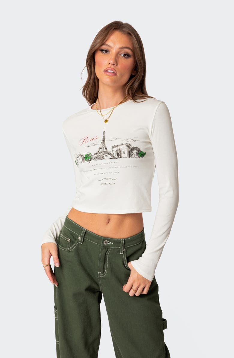 EDIKTED Phillipa Paris Long Sleeve Crop Graphic T-Shirt, Alternate, color, White