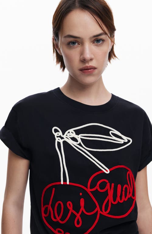 Desigual Cherry Rope Embellished Cotton Graphic T-shirt In Black