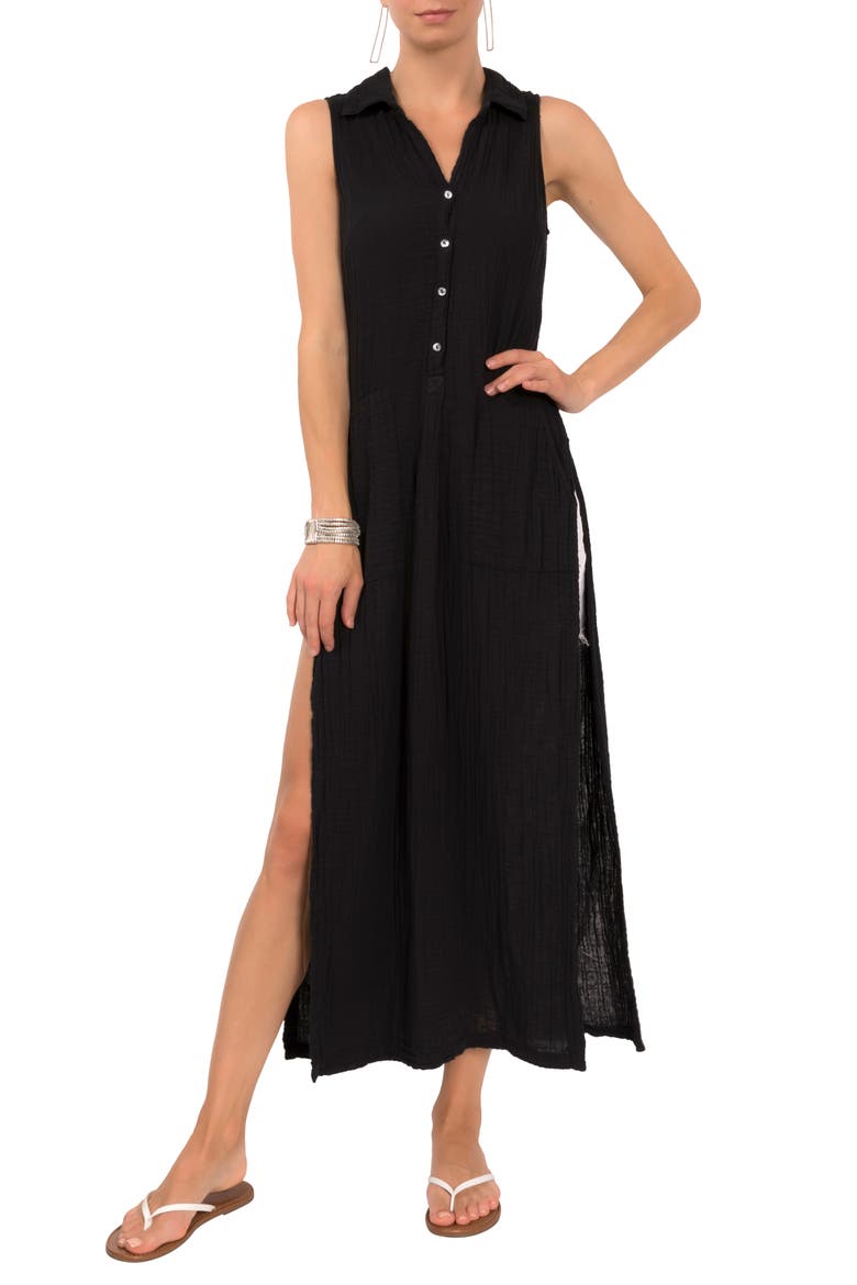 Vivienne Sleeveless Cotton Gauze Caftan Top, Main, color, BLACK