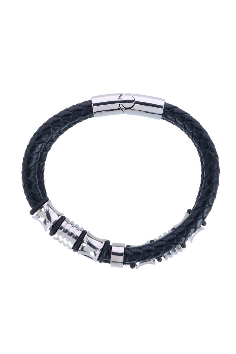 Silver and Leather Double Band Secure Clasp Bracelet, Alternate, color, Black and Silver
