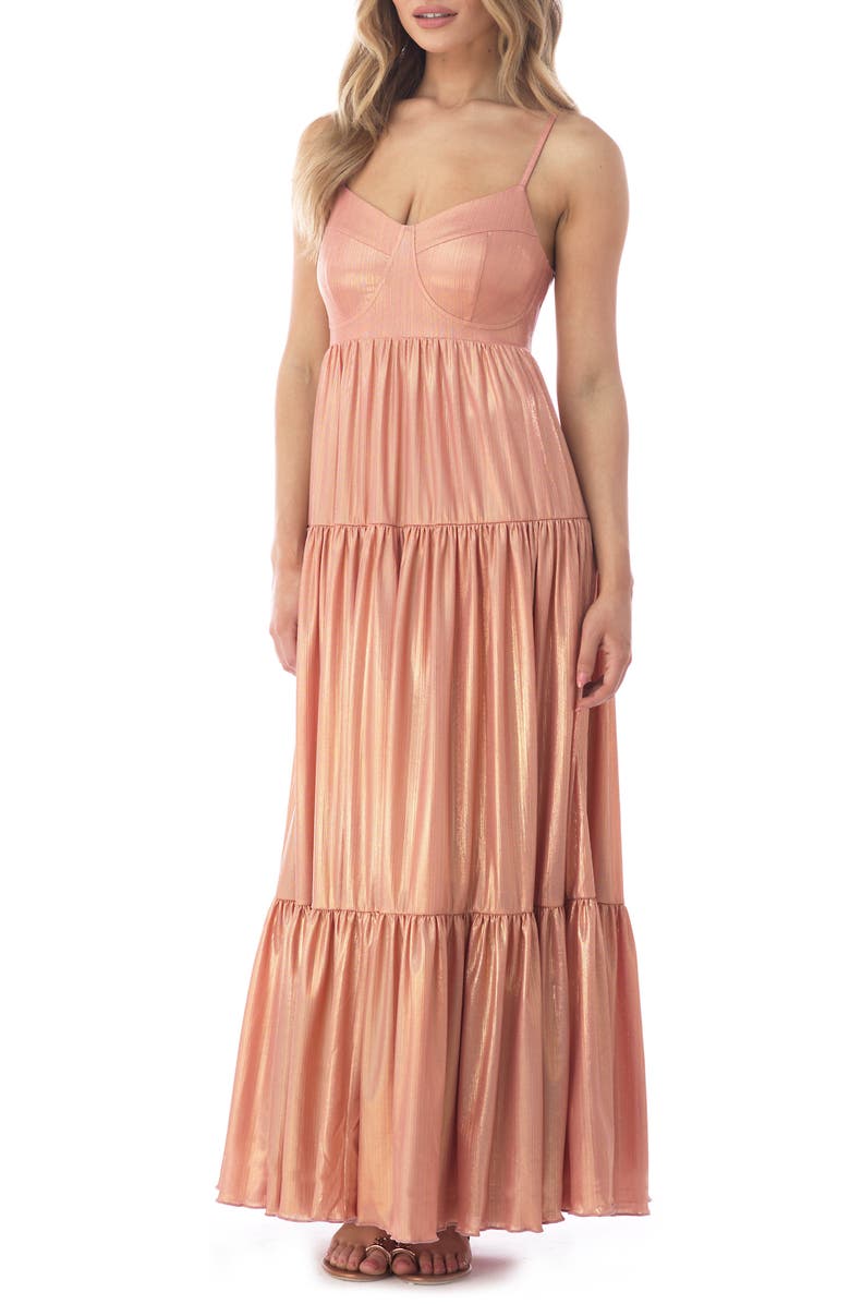 Sky Metallic Tiered Maxi Dress, Alternate, color, Peach