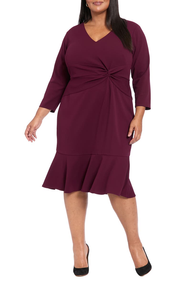 London Times Twist Front Flounce Hem Midi Dress, Main, color, Arst Burgundy