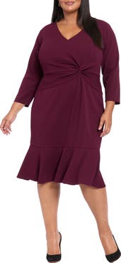 London Times Twist Front Flounce Hem Midi Dress