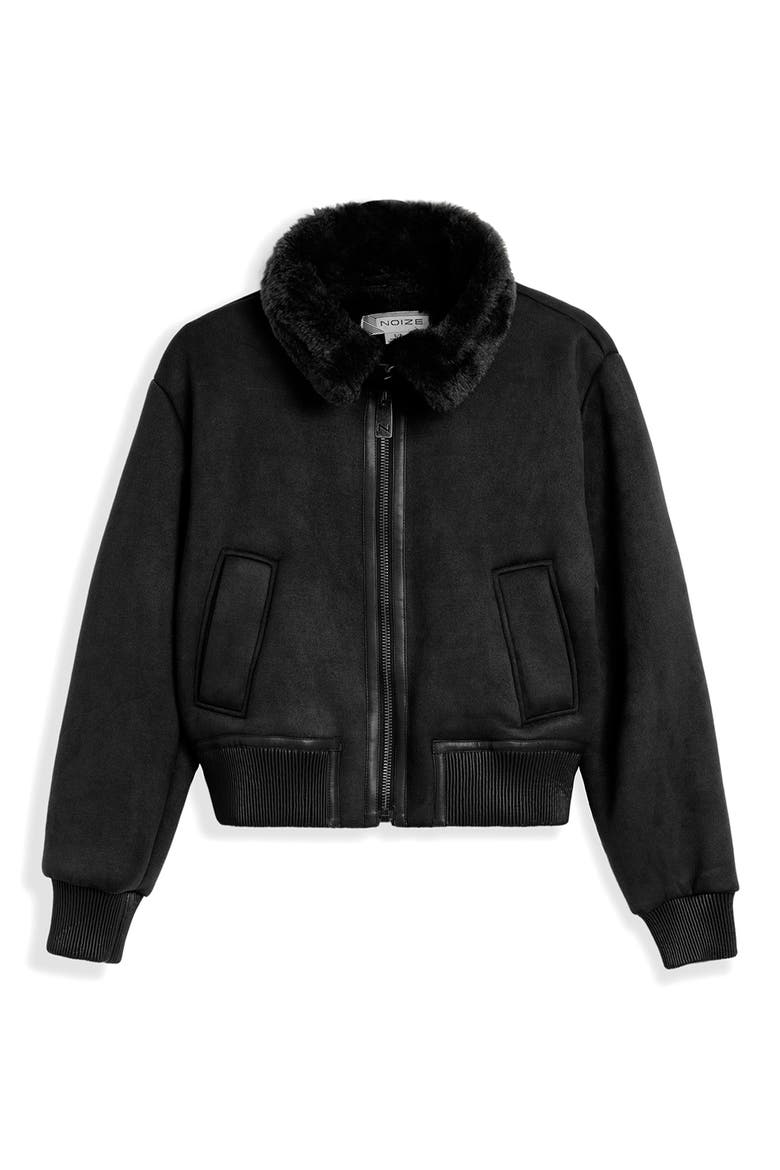 Fannie Faux Fur Collar Faux Suede & Faux Leather Crop Bomber Jacket, Alternate, color, BLACK