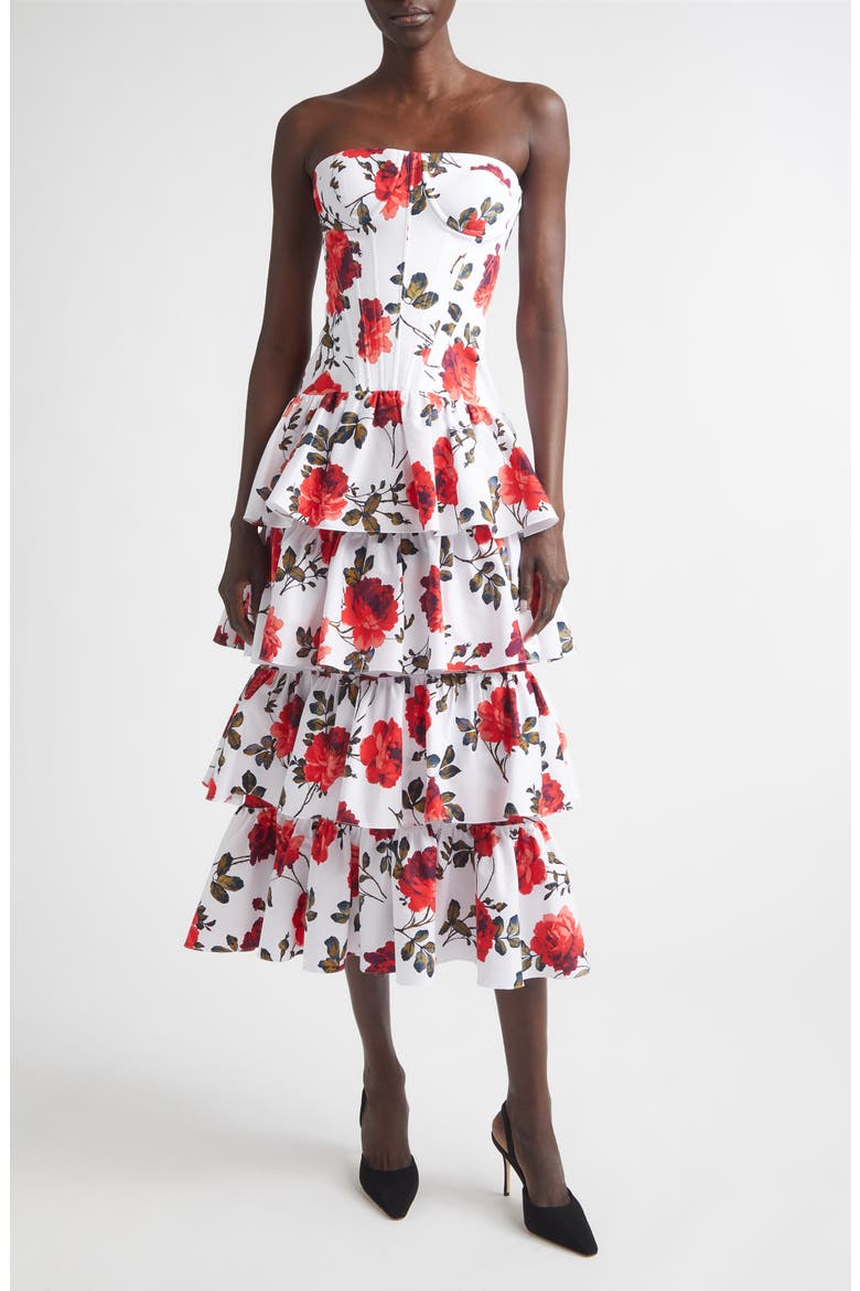 Rose Print Tiered Ruffle Convertible Stretch Cotton Poplin Dress, Main, color, WHITE MULTI