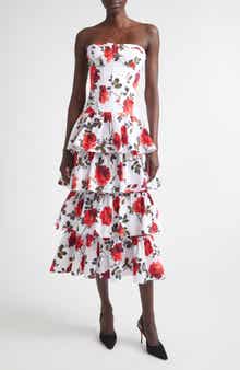 Rose Print Tiered Ruffle Convertible Stretch Cotton Poplin Dress
