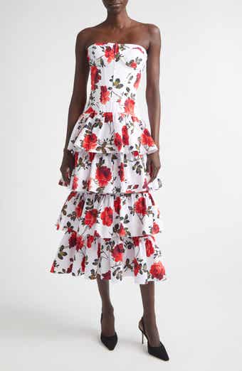 Rose Print Tiered Ruffle Convertible Stretch Cotton Poplin Dress