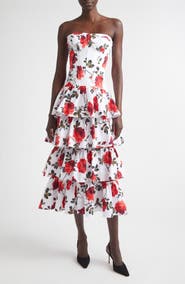 Carolina Herrera Rose Print Tiered Ruffle Convertible Stretch Cotton Poplin Dress