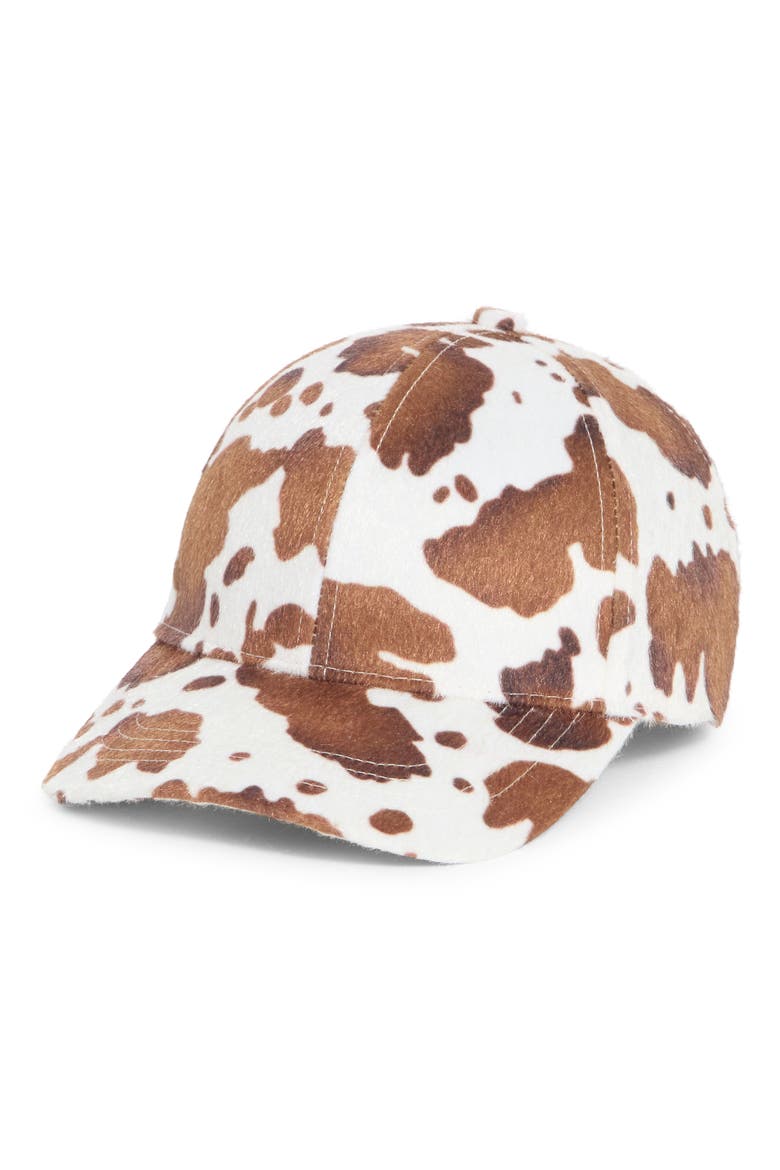 Cow-Print Faux-Hair Baseball Cap, Main, color, IVORY MULTI