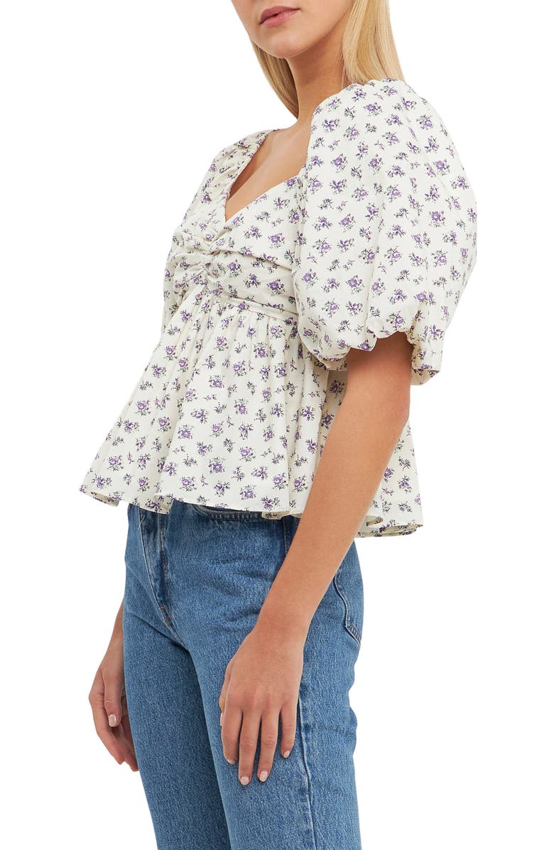 English Factory Floral Print Puff Sleeve Babydoll Top, Alternate, color, Cream