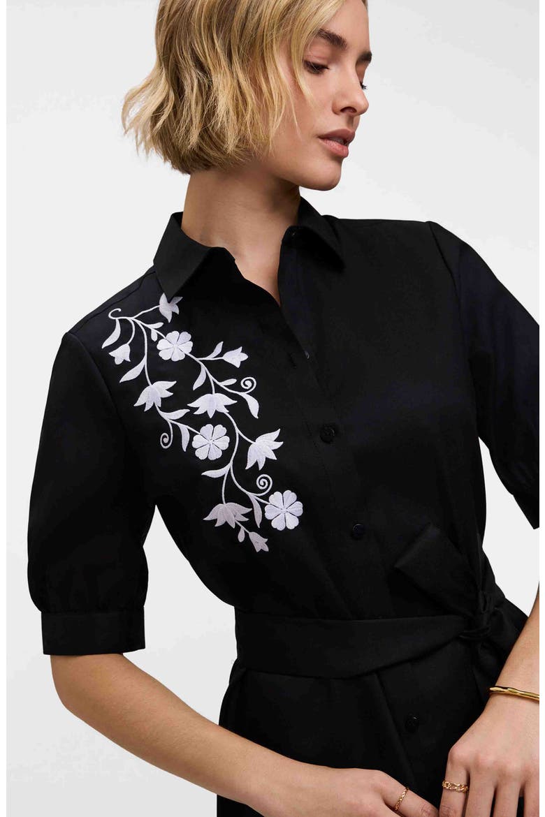 Esther Belted Floral Embroidered Cotton Blend Shirtdress, Alternate, color, BLACK/ WHITE