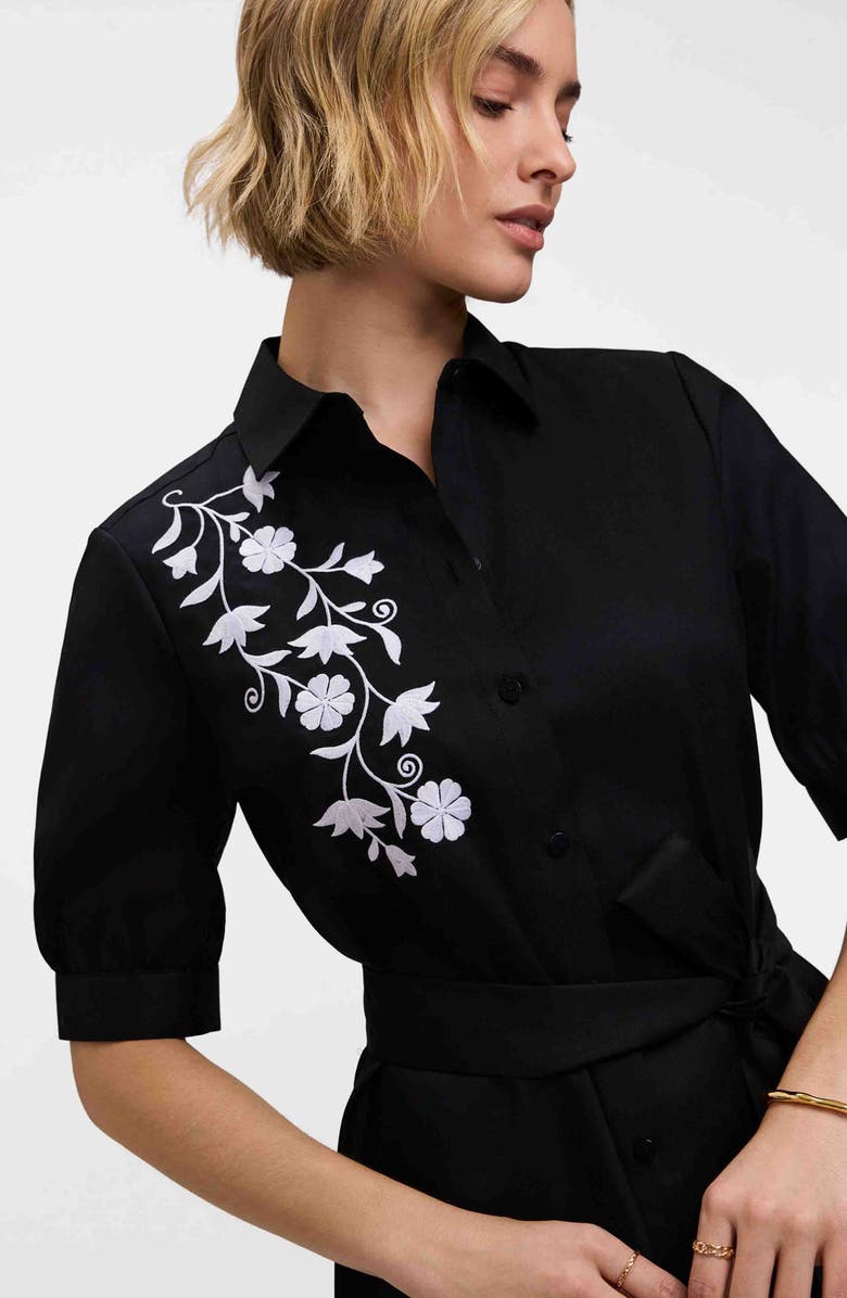 Foxcroft Esther Belted Floral Embroidered Cotton Blend Shirtdress, Alternate, color, Black/ White