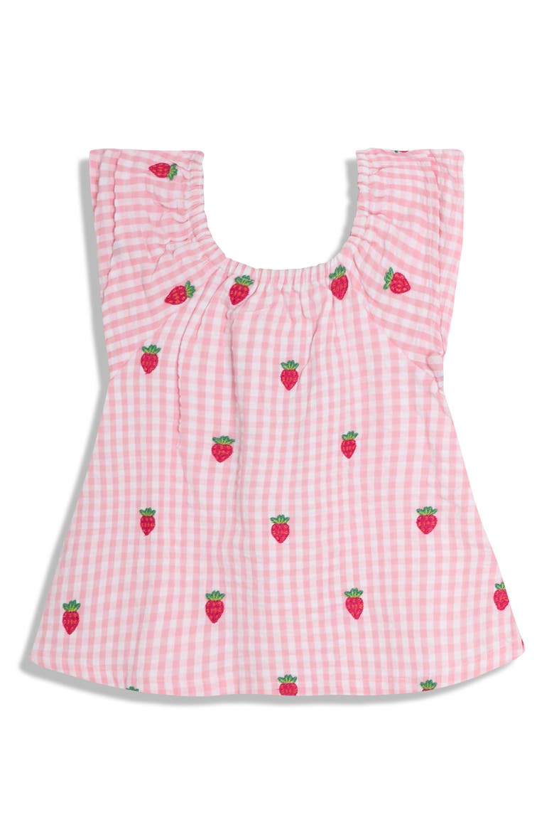 Gingham Check Strawberry Embroidered Cotton Seersucker Top & Shorts Set, Alternate, color, PINK