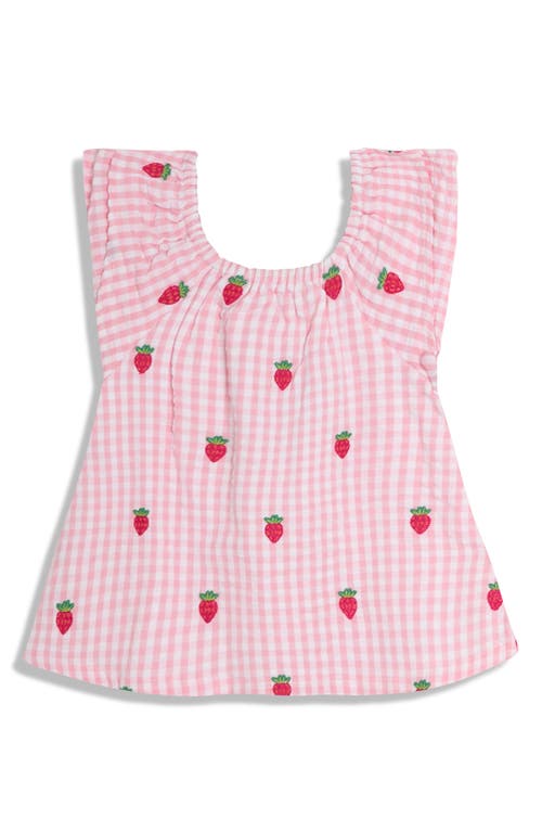 JOJO MAMAN BÉBÉ JOJO MAMAN BEBE GINGHAM CHECK STRAWBERRY EMBROIDERED COTTON SEERSUCKER TOP & SHORTS SET