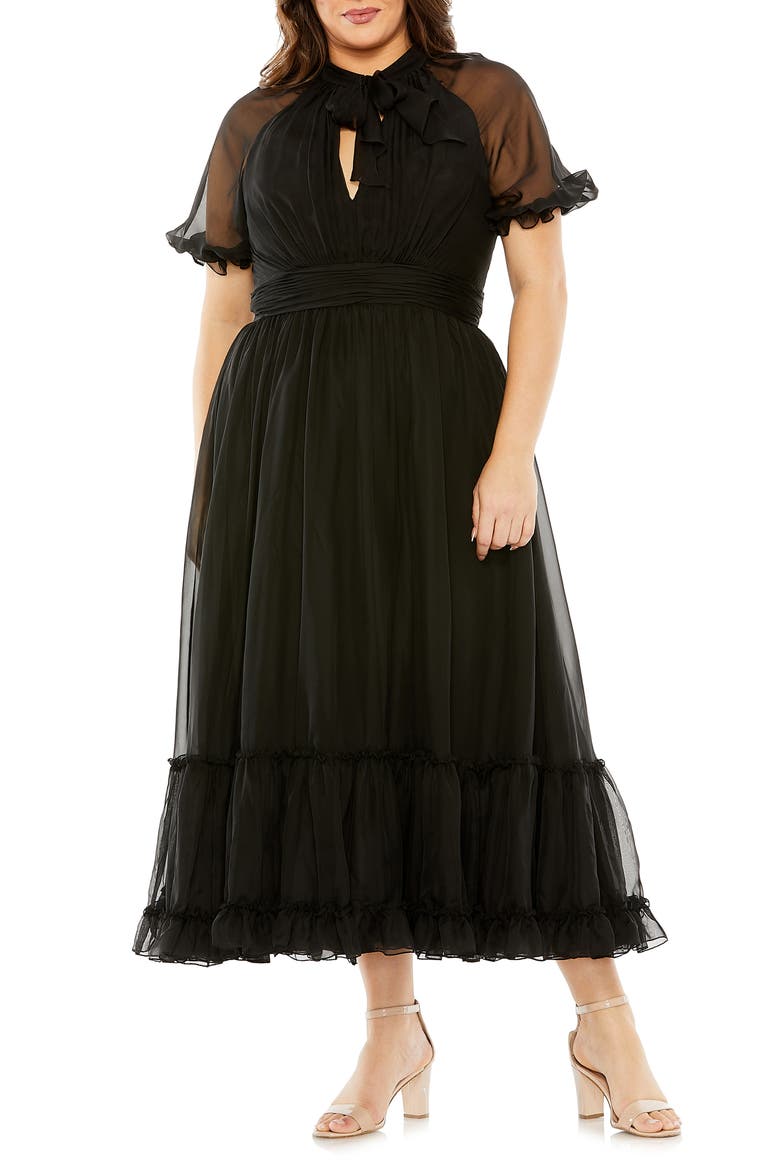 Sheer Puff Sleeve Cocktail Dress, Main, color, BLACK