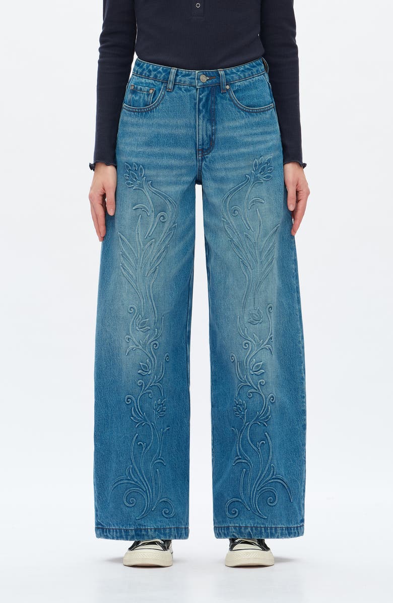 Bayeas High Waist Embroidered Detail Wide Leg Jeans, Main, color,