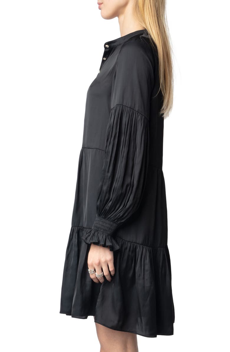 Zadig & Voltaire Randy Long Sleeve Tiered Satin Dress, Alternate, color, Black