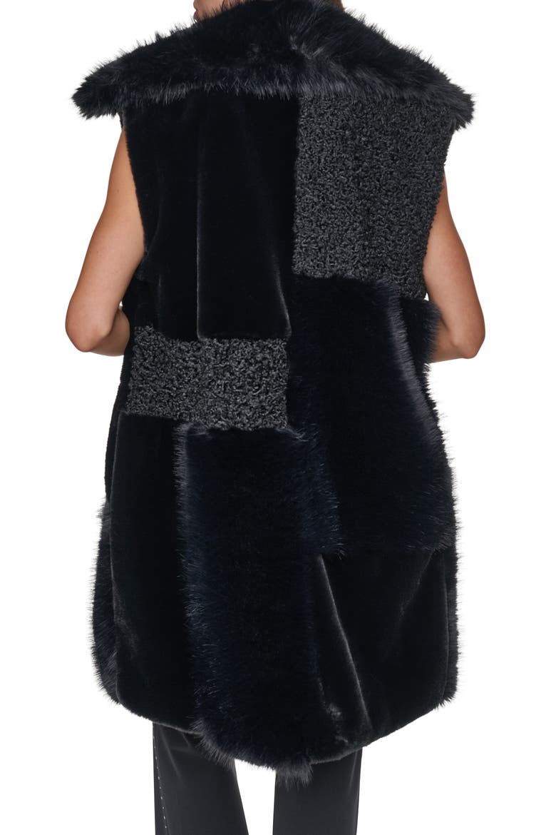 Patch Mix Faux Fur Long Vest, Alternate, color, BLACK